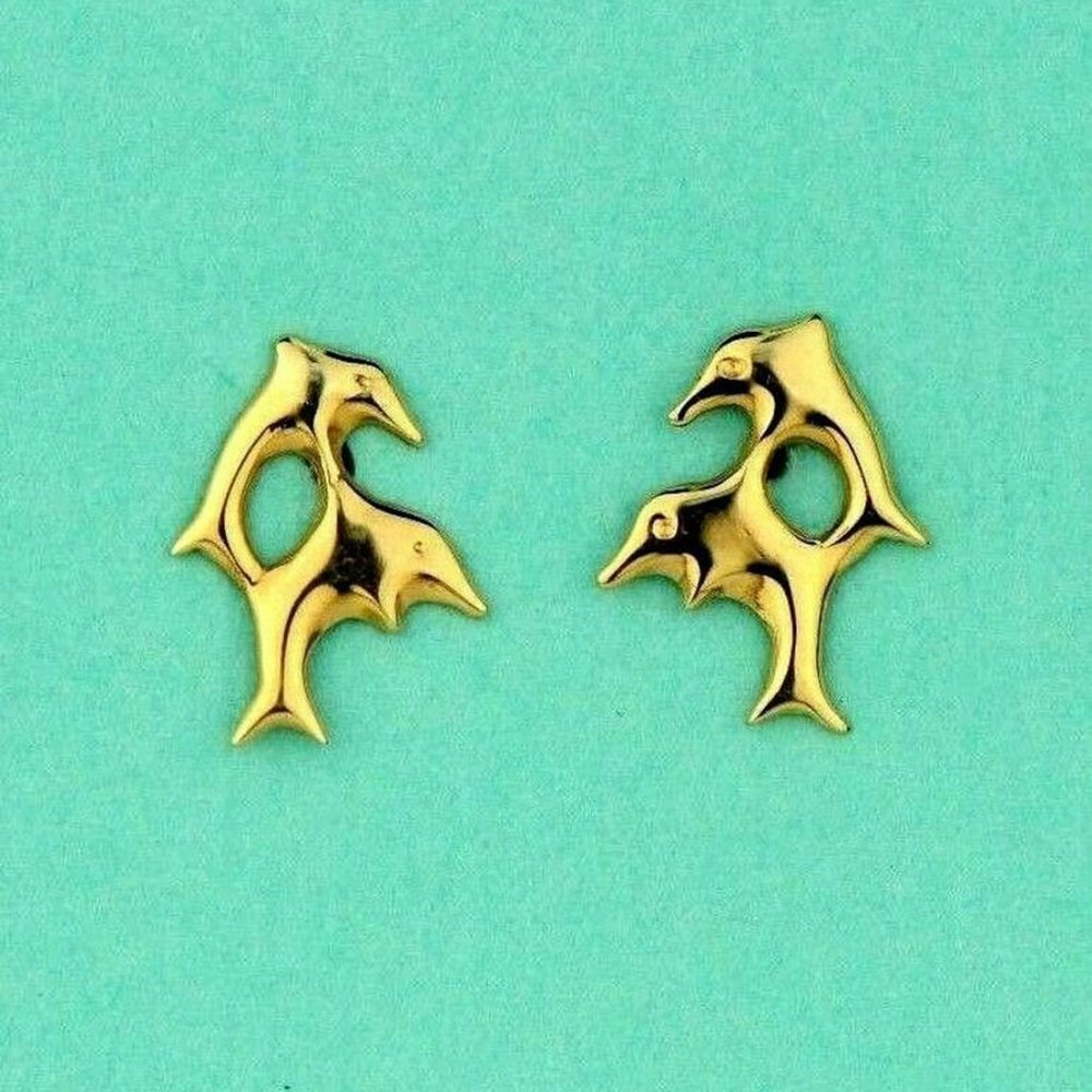 Solid 14k Yellow Gold Double Dolphin Stud Earring… - image 3
